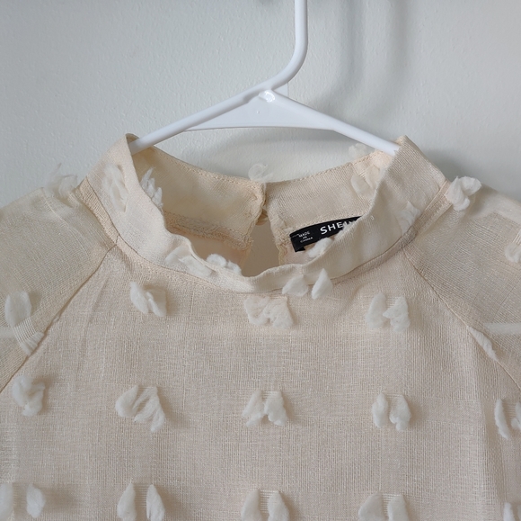SHEIN cream tufted sheer top with cream lining, gathered sleeve cuffs, mock neck - Picture 5 of 15
